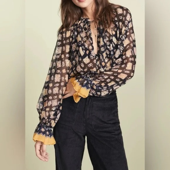 Ulla Johnson Nailah Peasant Blouse Midnight Sheer Silk Ruffle Balloon Sleeve  4 - Picture 1 of 13